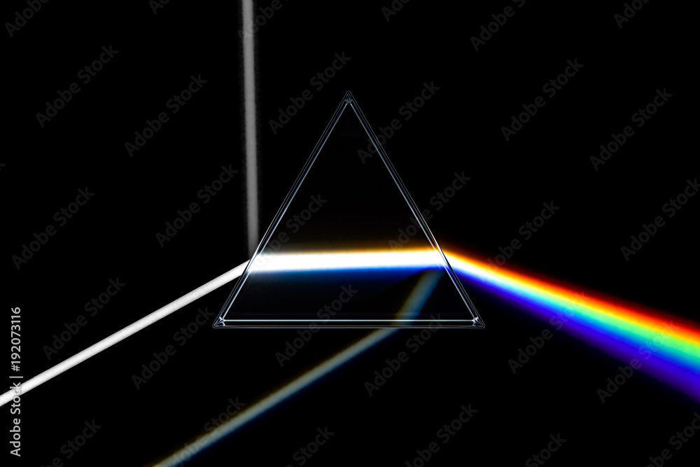 Wall mural rainbow light prism. optical glass pyramid with visible spectrum wave rays vector illustration, 3d r