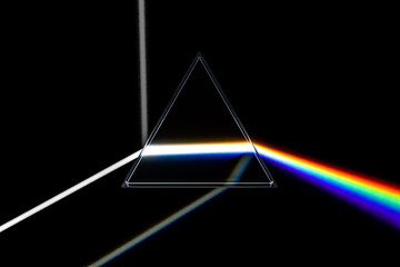 Rainbow light prism. Optical glass pyramid with visible spectrum wave rays vector illustration, 3D rendering