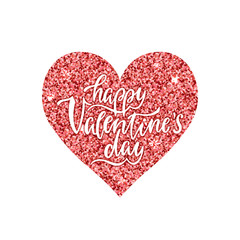 Happy Valentine's day. Handwritten phrase on red shining heart. Sparkle decorative template. Valentine's day design.
