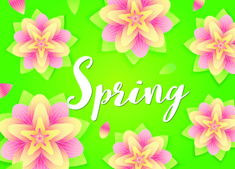 Spring flowers background. Abstrack season orchid flowers and lettering on blur background. Fresh design for flyers, invitation, posters, brochure, voucher, sale poster or banner. Vector illustration.
