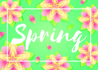 Spring flowers background. Abstrack season orchid flowers and lettering on blur background. Fresh design for flyers, invitation, posters, brochure, voucher, sale poster or banner. Vector illustration.