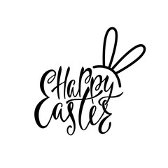 Happy Easter greeting card. Handwritten vector lettering text with bunny's ears. Calligraphic phrase.