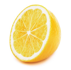 Perfectly retouched sliced half of lemon fruit isolated on the white background with clipping path....