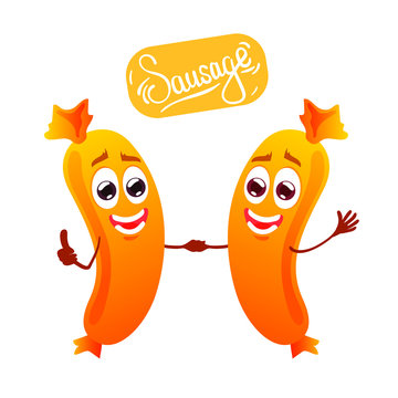Two funny cute character of sausage, vector illustration isolated on white background with logo, cartoon style