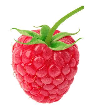 Ripe raspberry with green leaf isolated on white background with clipping path. One of the best isolated raspberries you have seen.