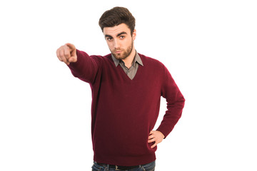 The man showing finger on the white background