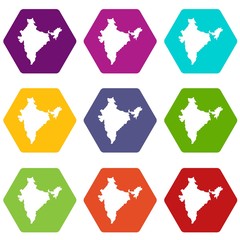 Indian map icon set color hexahedron