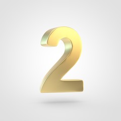 3D rendered golden number 2 isolated on white background.