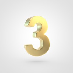 3D rendered golden number 3 isolated on white background.