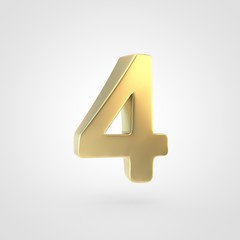 3D rendered golden number 4 isolated on white background.