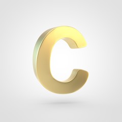3D rendered golden letter C uppercase isolated on white background.