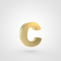 3D rendered golden letter C lowercase isolated on white background.