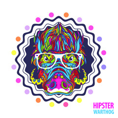 Ornament mandala face of warthog hipster with fashion eyeglasses and white mustache, vector illustration isolated on white background