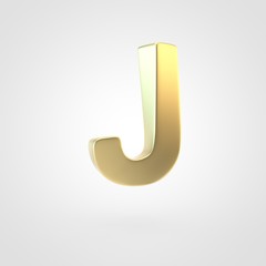 3D rendered golden letter J uppercase isolated on white background.