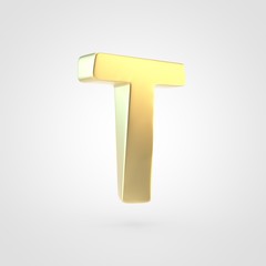 3D rendered golden letter T uppercase isolated on white background.