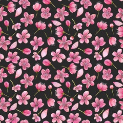 Watercolor spring cherry tree flowers seamless pattern, hand painted on a dark background