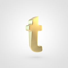 3D rendered golden letter T lowercase isolated on white background.