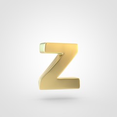 3D rendered golden letter Z lowercase isolated on white background.