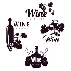 Logos for some wine, dark red color, vector illustration isolated on white background, bottles and glasses
