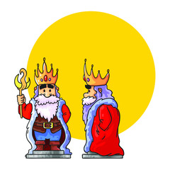 Vector character of king for chess. Isolated on white background. Place for text. Gold crown.