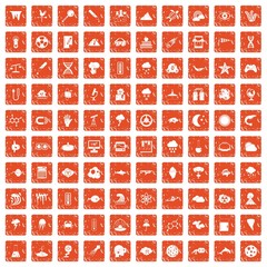 100 research icons set grunge orange