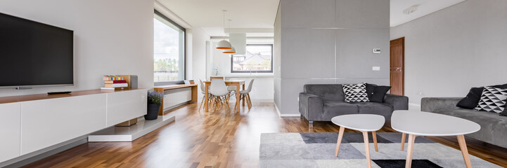 Spacious living room with tv