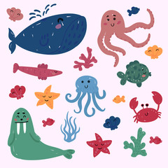 Collection of marine underwater mammal creatures. Big blue whale, octopus, starfish, crab, coral, fish, walrus and shell. Happy sea or ocean inhabitants. Flat cartoon style vector illustration.
