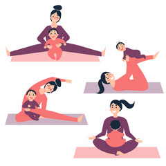 Different yoga and morning exercises with baby. Young woman with her child is stretching and making sports in gym or at home, using gymnastic rug mat. Vector illustration in flat style