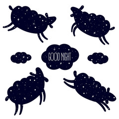 Good night card with the cute sheep jumping over. Sweet dreams background. Good night text in cloud. Count them and sleep concept. Sky and stars in the silhouette of farm animals. Vector illustration