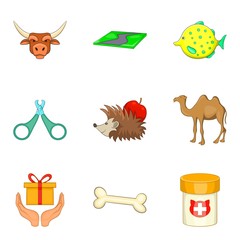 Pet shop icons set, cartoon style