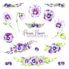 Watercolor borders set with pansy flowers and berries. Original hand drawn illustration in violet...