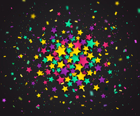 Colorful confetti of stars and particles scattering randomly. Dark background with explosion colorful stars. Holiday design template can be used for greeting card, carnival, celebration or festive