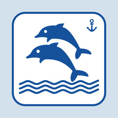 Blue fish icon. Couple dolphin swimming in the sea or ocean. Sign anchor. Marine theme. Dark blue silhouette. Vector illustration