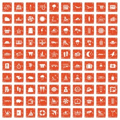 100 seaside resort icons set grunge orange