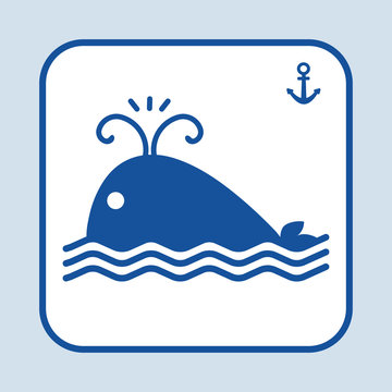 Blue fish icon. Whale swimming in the sea or ocean. Sign anchor. Marine theme. Dark blue silhouette. Vector illustration