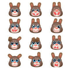 Set of emoticons like brown bunny head / Cute brown bunny head in emoticons
