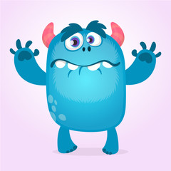 Cute furry blue monster. Vector bigfoot or troll character mascot. Design for children book, holiday decoration, stickers or print
