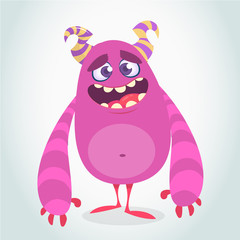 Happy cool cartoon fat monster. Purple and horned vector monster character