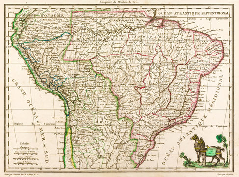 Antique map of South America, 1812, with two llamas