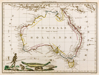 Map of Australia, 1812 (New Holland) with an aboriginal and a kangaroo