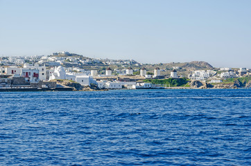 Fototapeta na wymiar Panoramic vew of Mykonos town (Chora) from the Aegean Sea