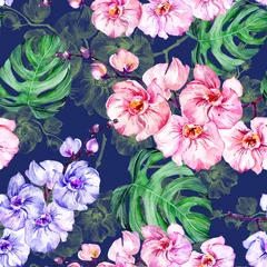 Draagtas Purple and pink orchid flowers and green monstera leaves on dark blue background. Seamless floral pattern.  Watercolor painting. © katiko2016