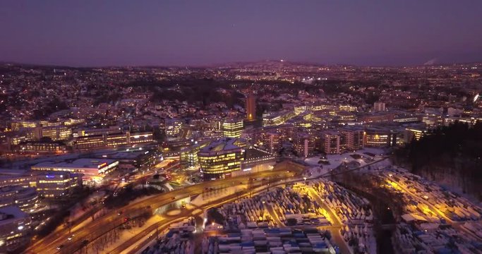 Aerial view on highway at Skoyen, Oslo, Norway in winter