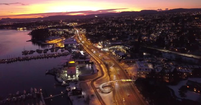 Aerial view on highway at Skoyen, Oslo, Norway in winter