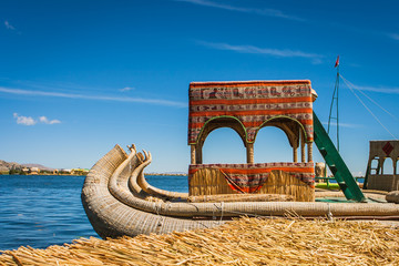 Totora boat at the Uros island, Titicaca Lake, Peru