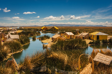 The Uros island from a boat on the Titicaca Lake, Peru