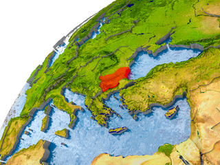Map of Bulgaria in red on globe