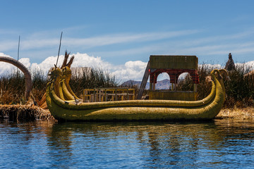 Typical totora boat in Uros island, Titicaca Lake, Peru