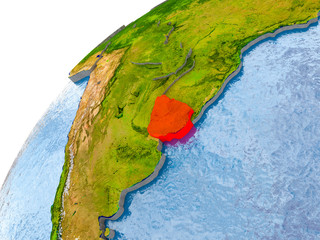 Map of Uruguay in red on globe