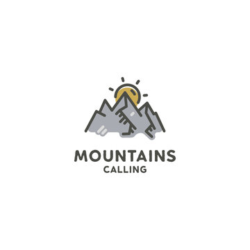 Mountains are calling flat concept. Cute line art style. Adventure line art logo template. Mountain expedition logotype. Retro Color Palette. Stock vector illustration isolated on white background
